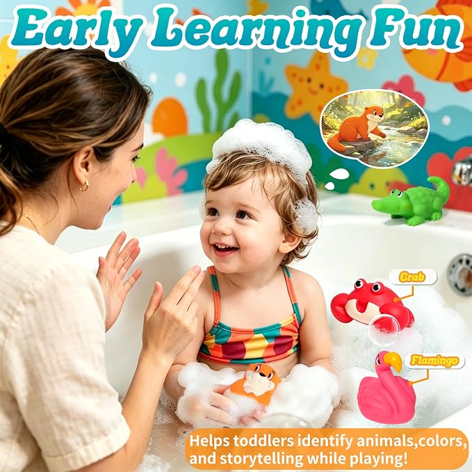 Mold Free Bath Toys for Kids Ages 1-3, 6Pcs No Hole River Baby Bath Toys Design Keeps Moisture Out, Toddler Learn Crab Ducks Animal with Soft Squeeze Bathtub Toys, Pool Toy