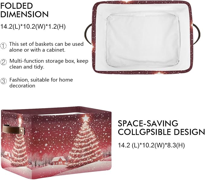 Christmas Tree Red Storage Basket with Waterproof Liner and PU Handles Xmas Winter Snow Scene Storage Bins Boxes 14.2" Collapsible Decorative Organizer Baskets for Bedroom Closet Office 2 Pack