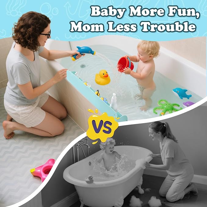 AGPTEK 24 Inch Bathtub Splash Guard with 10 Suction Cups, Silicone Tub Water Splash Guard for Bathtub, Bath Toy Tray Holder Play Shelf for Kids, Universal for Bathroom, Kitchen Sink (Green) | Silicone Tub Water Splash Guard for Bathtub, Bath Toy Tray H...