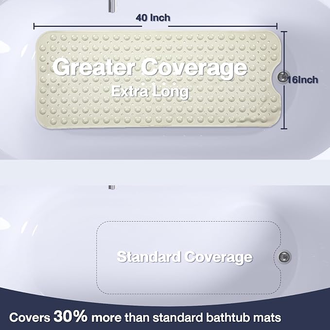Extra Long Bathtub Mat Non Slip, Beige Soft Bath Mat for Tub 40 x 16 Inch Full Size, Bath Tub Shower Mats for Bathroom Floor with Big Suction Cups and Drain Holes, Easy Washable, BPA Free