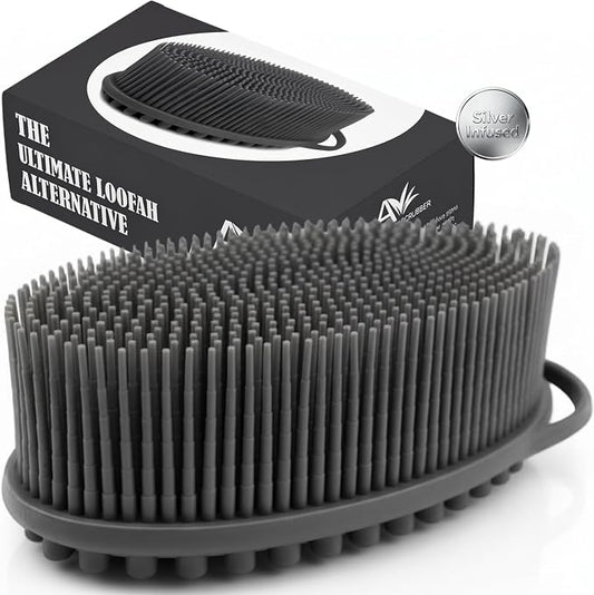 Avilana Silicone Body Scrubber for Shower – SGS Certified Food Grade Dual Sided Bath Brush, Gentle Exfoliating Silicone Loofah Alternative, Sensitive Skin Body Brush (Dark Gray-Silver, Massage)