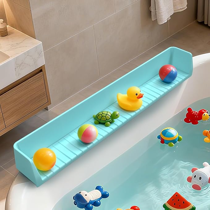 Bathtub Splash Guard for Tub Kids, 31” Longer Silicone Water Splash Guard for Bathtub,Play Shelf for Bathing with 11 Strong Suction Cups,Prevents Water Spills in Bathroom (Blue)