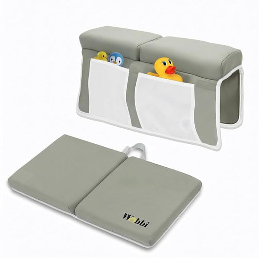 Wobbi Baby Bath Kneeler and Elbow Rest Pad Set - 1.5" Thick Memory Foam Knee Pad for Bathing Babies - 6 Suction Cups Non Slip Bath Kneeling pad with Toy Storage - Foldable & Quick Drying (Green)