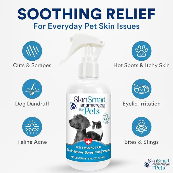 SkinSmart Antimicrobial Wound Care for Pets, Hypochlorous Acid Removes Bacteria to Promote Healing and Relieves Itch, Safe if Licked, 8 Ounce Spray Bottle
