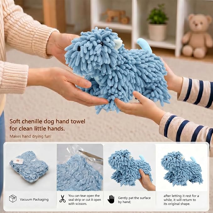 Cute Dog Chenille Hand Towel, 3D Fuzzy Puppy Hangable Ball Hand Towel Microfiber Super Soft Absorbent Bathroom & Kitchen Towels with Hanging Loop, Can Be Placed on the Sink Countertop (Blue)