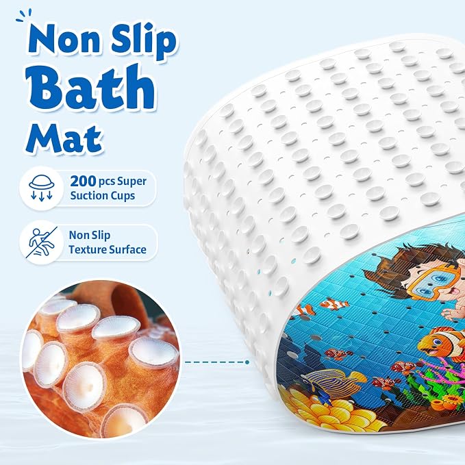 XIYUNTE Baby Bath Mat for Tub Non Slip Kids Bath Mat - 40''x16'' Extra Long Cartoon Bathtub Mat Non Slip Kids Shower Mat Eco-Friendly Toddler Bath Mats with Suction Cups, Machine Washable