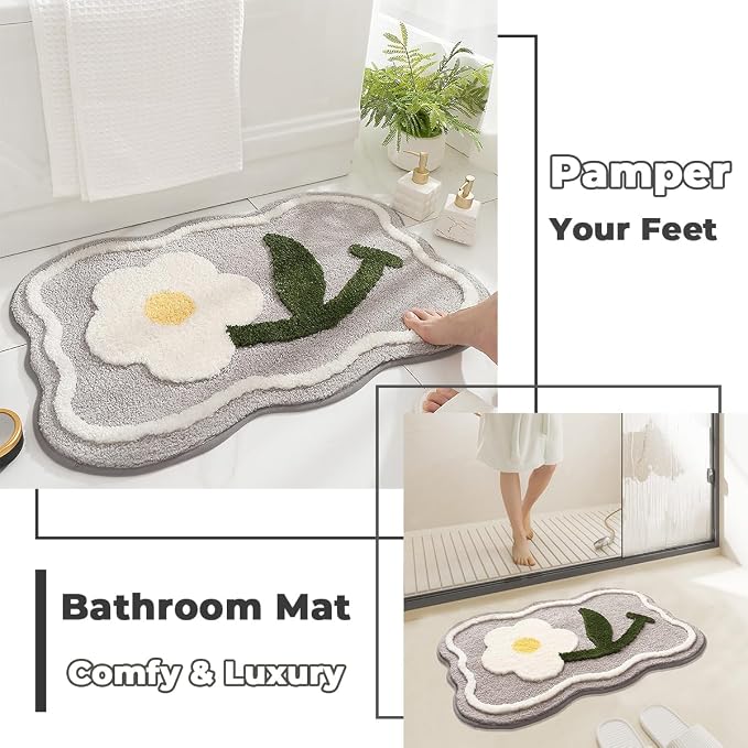 Simplicity Flower Bathroom Mat Non Slip Bath Rug Extra Absorbent and Soft Microfiber Bath Carpet Machine Washable Bath Rug for The Entrance of The Door, Bathroom and Bedroom (31"x20",Grey)