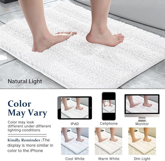 Yimobra Bathroom Rug Mat 32 x 20, Non Slip and Super Absorbent Bath Mat,Machine Washable Quick Dry,Ultra Plush Chenille Shower Rugs for Bathroom Floor Sink Tub and Shower Outside,White