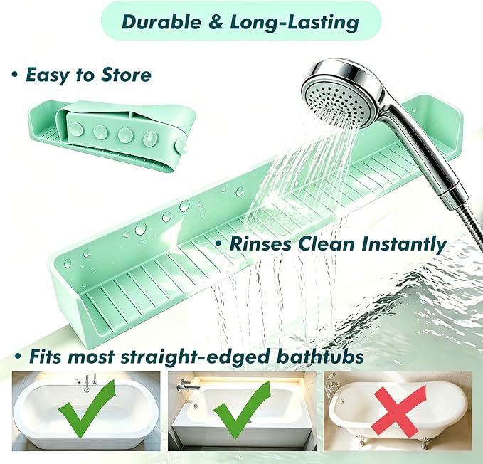 Bathtub Splash Guard with Strong Suction Cups, Silicone Splash Guard for Bathtub, Bath Toys Storage & Organizer Shelf for Kids, Flexible Water Guard for Bathroom Tub Edge and Kitchen Sinks Green