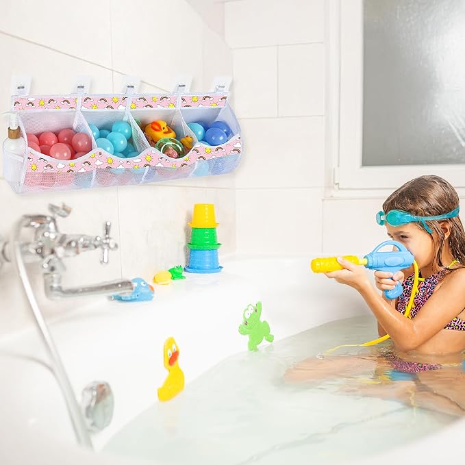 Large Bath Toy Storage, 4 Compartment Quick Drying Mesh Bath Toy Organizer with 5 Hooks, Easy Access and Sorting Large Capacity Corner Bathroom Storage, Multi Use Holder (Rainbow)