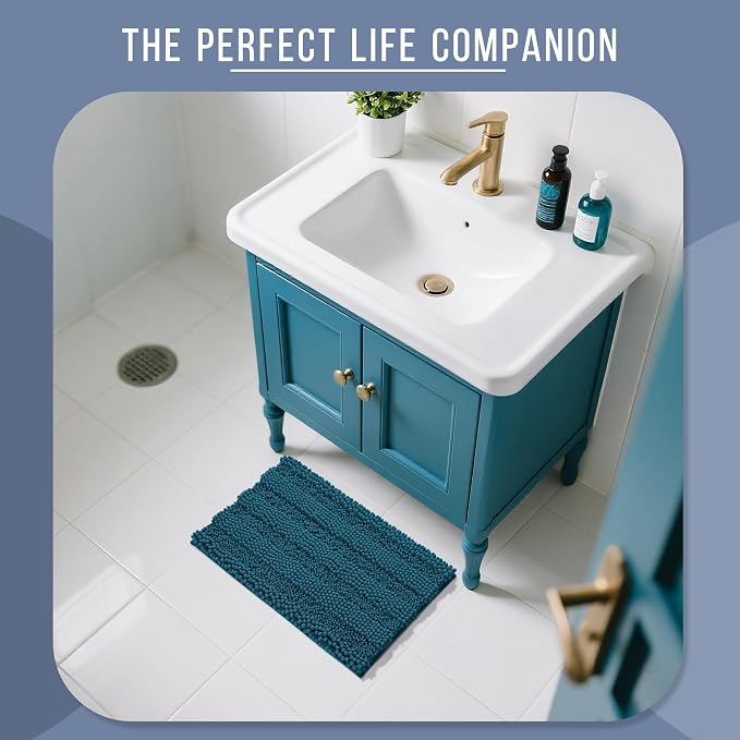 Yimobra Bathroom Rug Mat, Non Slip and Super Absorbent Bath Mat, Machine Washable Quick Dry, Ultra Plush Chenille Shower Rugs for Bathroom Floor Sink Tub and Shower Outside, Peacock Blue, 24 x 17