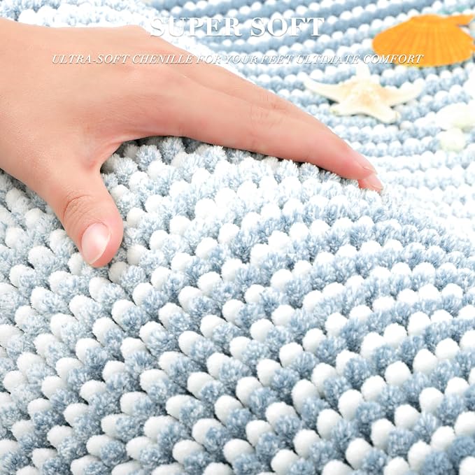 BSICPRO Bathroom Rugs and Mats Sets, 2 Piece Thick Absorbent Chenille Bath Mat Rug Set Non Slip, Soft Shaggy Bath Room Floor Mats for Bathroom, Machine Washable (20" x 32" Plus 16" x 24",Ice Blue)