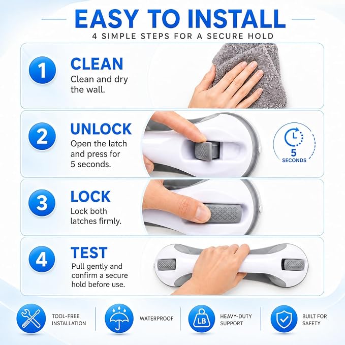 2 Pack Grab Bars for Bathroom, Shower Safety Handle for Elderly and Seniors, No Drill Removable Bathtub Handle with 3 Suction Cups, Smooth Tile & Glass