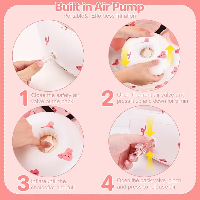 BEBOAN Inflatable Baby Seat with Tray for 3 Months Up Baby, Portable Upseat Baby Chair with Safety Strap for Sitting Up, Foldable Blow Up Infant Seat with Built-in Air Pump (Pink Bunny)