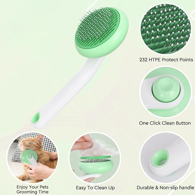 Cat Grooming Glove Brush, Self-Cleaning Slicker Pet Brush for Short and Long Haired Pets, Dog Bath Brush for Shedding and Grooming, Removes Loose Hair and Tangles, Green