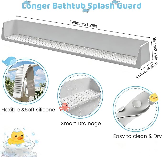 Bathtub Tray Splash Guard: Silicone Bathtub Splash Guard with Suction Cups, Bathtub Side Tray & Bath Toys Holder for Water Spill Prevention & Bathroom Storage, Grey