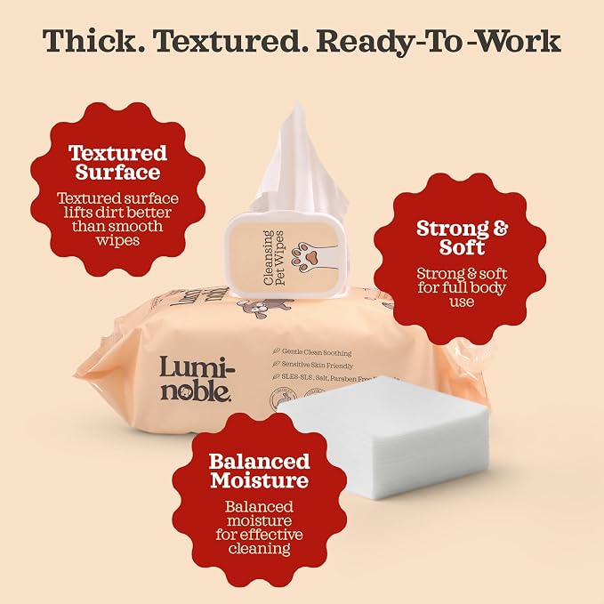 LUMI-NOBLE. Pet Wipes for Dogs & Cats - 400 Ct (4x100) Hypoallergenic Grooming Wipe, Oatmeal & Vanilla Scent, Dog Wipes Cleaning deodorizing for Paws, Ears, Butt & Body, Vegan, Sensitive Skin Safe