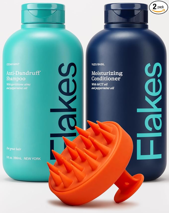 Flakes Anti Dandruff Shampoo and Conditioner Set for Men with Scalp Massager | Dry, Flaky, & Itchy Scalp Shampoo | Sulfate and Paraben Free | Hydrating Shampoo & Moisturizing Conditioner | 9 fl oz