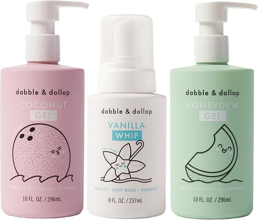 Dabble & Dollop Beachy Kids 3-in-1 Body Wash, Shampoo & Bubble Bath Variety Set – Coconut, Honeydew & Vanilla, Tear-Free, Gentle, Hypoallergenic and Safe for Sensitive Skin (Pack of 3)
