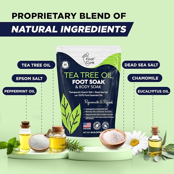 FOOT CURE Tea Tree Oil & Muscle Foot Soak with Epsom Salts - All-Natural Salts for Post-Workout Recovery - Softens Calluses, Soothes Sore & Tired Feet, Foot Odor Control, Spa Pedicure (Pack of 2)