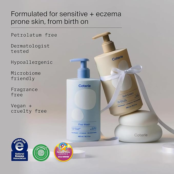 Coterie Skincare Essentials Set | Newborn Diapers (93 Count) + 16.2 oz Shampoo & Body Wash, 16.2 oz. Face & Body Lotion, 4.7 oz Diaper & Dry Skin Balm | Hypoallergenic, Safe for Sensitive Skin