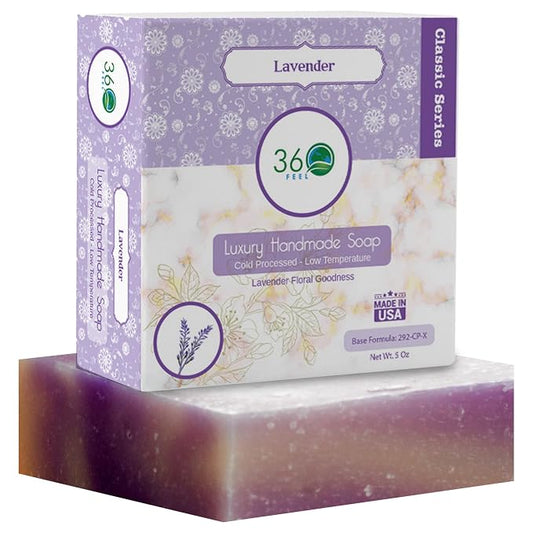 360Feel Lavender Soap - Made in The USA - Castile Handmade, All Natural, Cold Processed Infused with Refreshing Lavender Essential Oil for Relaxation & Calm - Rich, Creamy Lather - 5oz