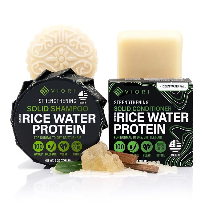 Viori Hidden Waterfall Shampoo and Conditioner Bar Set Made with Rice Water - Handcrafted Sulfate Free Shampoo and Conditioner