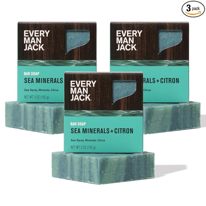 Every Man Jack Cold Processed Mens Bar Soap - Sea Minerals + Citron Scent - Deeply Cleans & Hydrates with Shea Butter and Coconut Oil - (3 Pack)