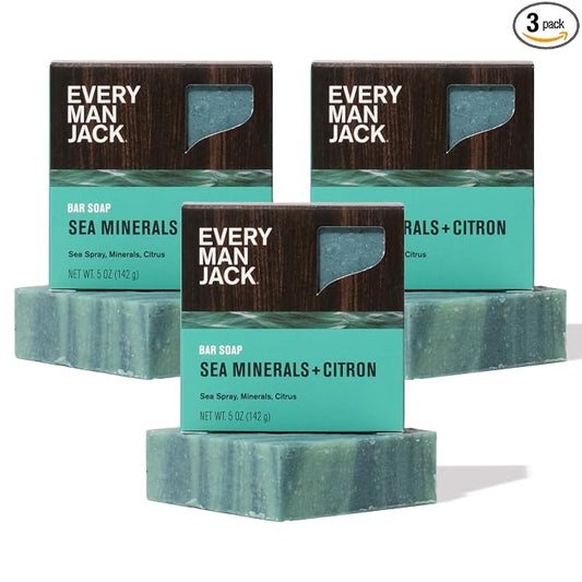 Every Man Jack Cold Processed Mens Bar Soap - Sea Minerals + Citron Scent - Deeply Cleans & Hydrates with Shea Butter and Coconut Oil - (3 Pack)