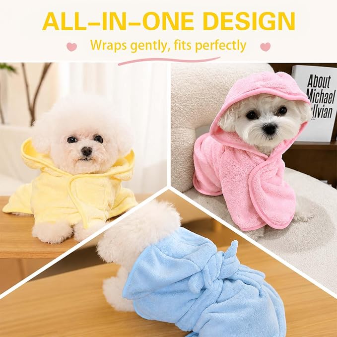 Dog Bathrobe Towel with Hood Super Absorbent Pet Bath Robe for Small Medium Dogs Quick Drying Doggy Bath Towel Coat with Adjustable Waistband Soft Pet Grooming Robe (Yellow, L(up to 22lbs))