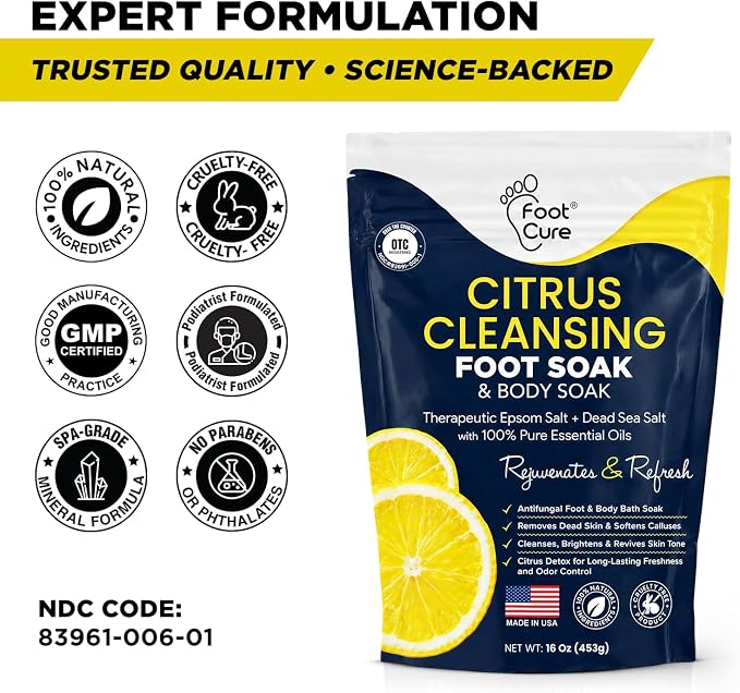 FOOT CURE Citrus Detox Foot Soak with Epsom Salts – for Foot Callus, DaMaged Toenail Appearance, Pedicure Spa, and Soothing Sore, Tired Feet - 16 oz (Pack of 1)