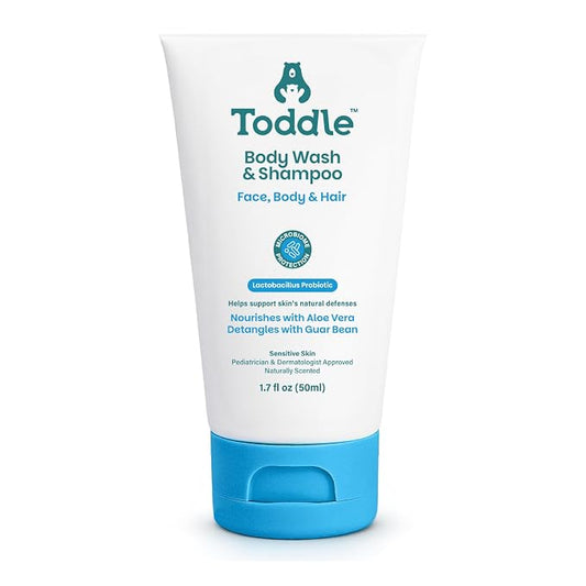 Toddle 3-in-1 Probiotic Baby Shampoo and Body Wash, Plant-Based Kids’ and Toddler Body Wash for Sensitive Skin with Aloe and Lactic Acid, Fragrance-Free, Pediatrician Tested 1.7oz