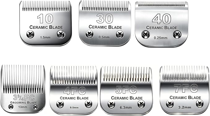 7PCS10 Blades Dog Grooming Blades Compatible with Andis Dog Clipper | For Oster A5/Wahl KM Series Dog Clipper,Ceramic Blade & Stainless Steel Blade ,Size :#10+30+40+3FC+4FC+5FC+7FC