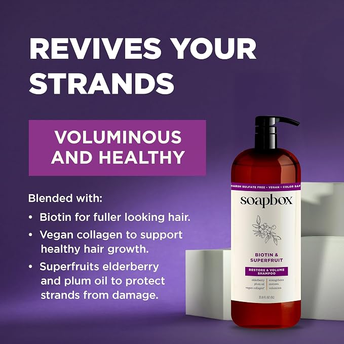 Soapbox Biotin & Super Fruit Shampoo & Conditioner Set, Leaves Hair Volumized & Strengthened - Clean Ingredients Free of Harsh Chemicals, Sulfates, Parabens & Silicones - 1 Liter Each