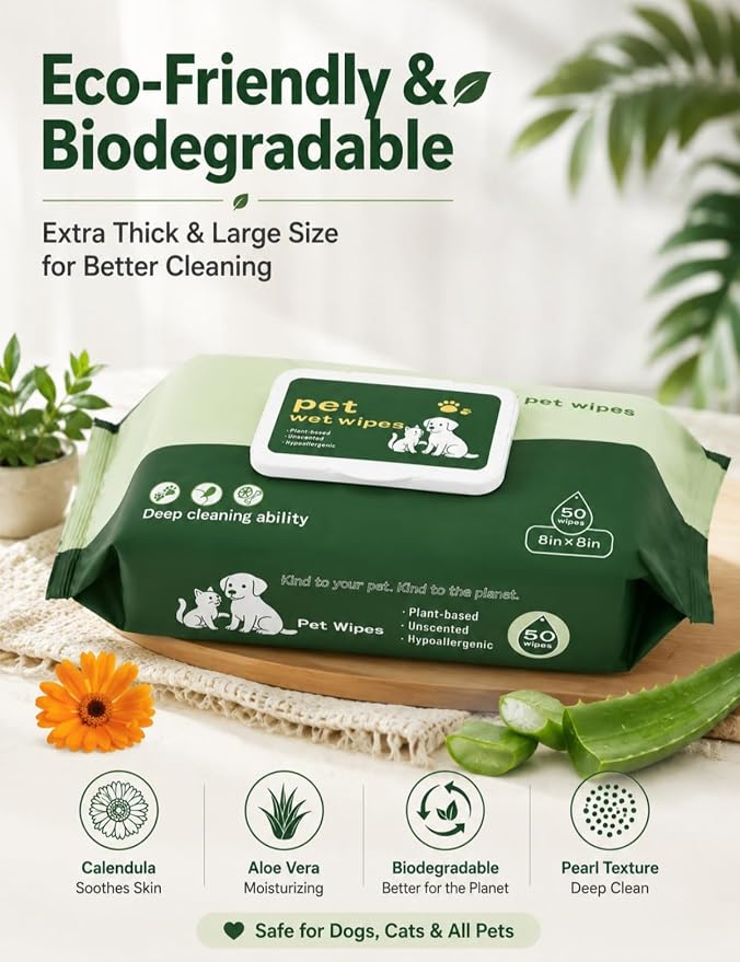 Pet Wipes for Paws and Butt Unscented Hypoallergenic Dog Wipes Gentle Earth-Friendly 50 PCS Cleaning Wipes for Puppies,Kittens & Senior Pets Deodorizing Waterless Bathing Wipes | Cleansing & Deodorizing Unscented Plant-Based Hypoallergenic Pet Wipes