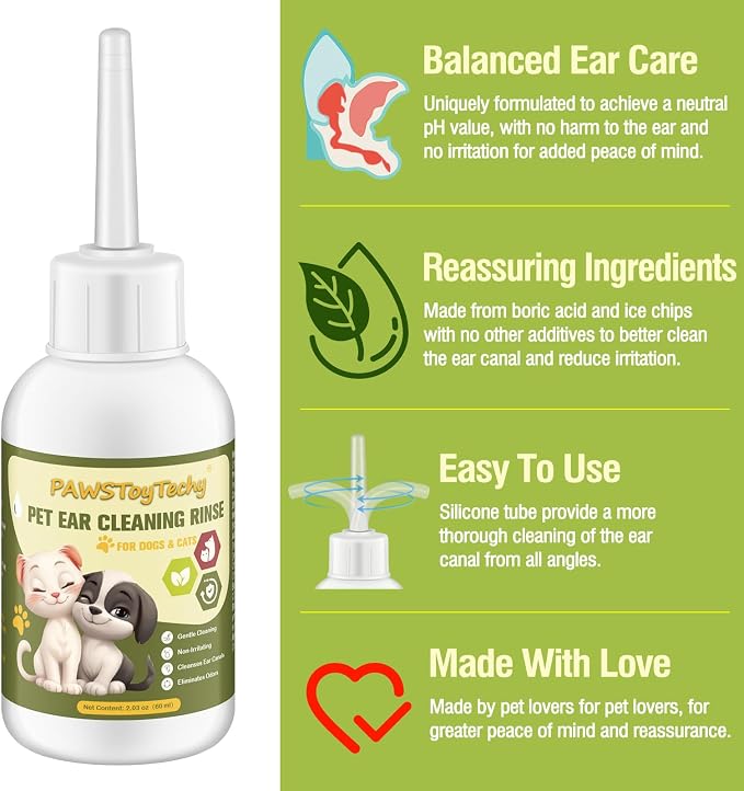 2 Pcs Pet Ear Cleaner Drops for Dogs & Cats - Long Soft Tube Ear Cleaner for Pets, Gentle Ear Cleaning Solution for Deodorizing & Wax Removal, Relieves Itching, Safe for Pets （2.03oz/60ml）