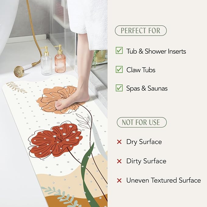 SHUCHING Bath Mat for Tub Non Slip-40x16 Inch, Boho Flower | Bathtub Mat for Women Mold Free, Long Shower Mat for Inside Shower with Suction Cup, Machine Washable