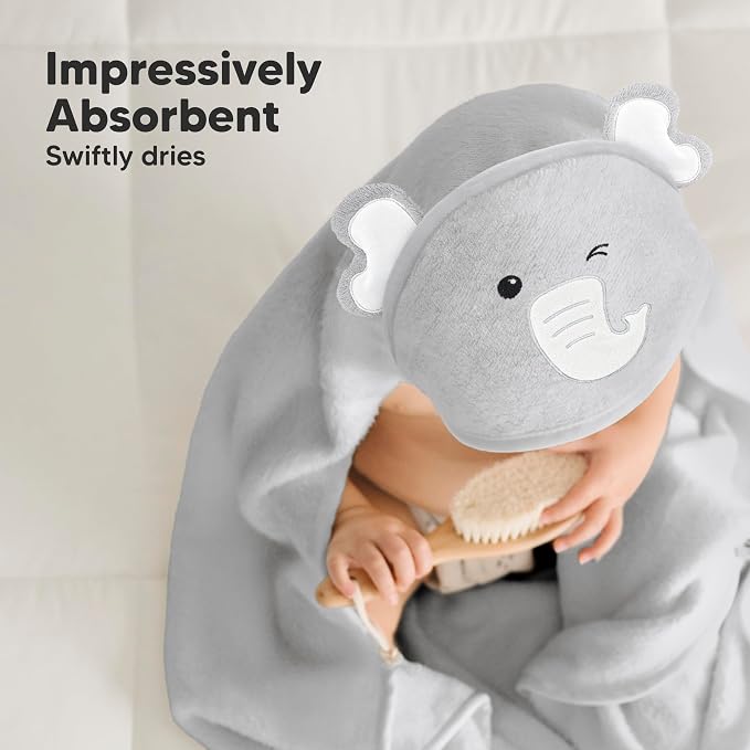 KeaBabies Hooded Baby Towel for Newborn, Baby Bath Towels (Elephant, 30x30) | Viscose Derived from Bamboo, Large Baby Towels with Hood, Boys, Girls, Toddler, Soft Absorbent Baby Bath Essentials