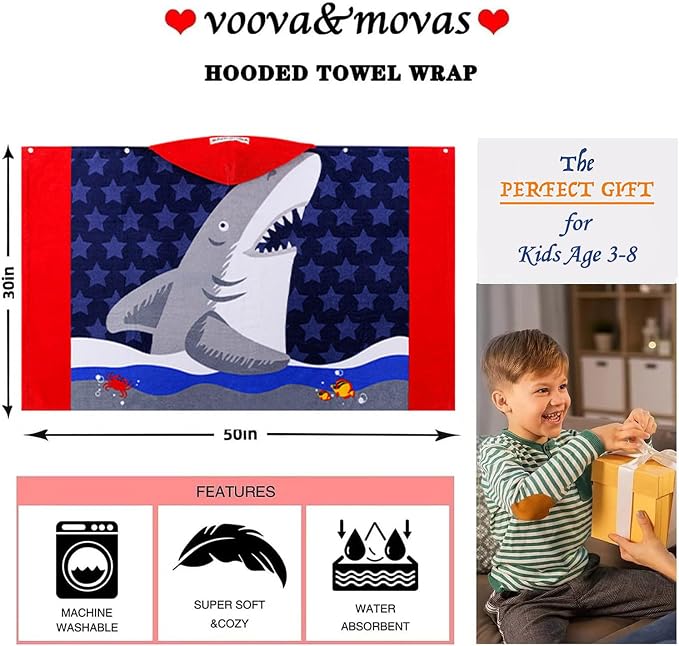VOOVA & MOVAS Toddler Bath Towels Age 3-8,30''X50, Soft | Thick | Cotton | Oversized Absorbent - Beach | Bath | Pool | Swim Towels for Boys and Girls | Big White Shark