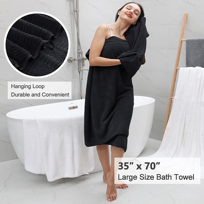 8 Pcs Black Oversized Bath Towel Set-2 Extra Large Bath Sheets,2 Hand Towels,4 Washcloths Soft Bathroom Towels Highly Absorbent Quick Dry Beach Chair Towels Woven Towels for Hotel and Spa