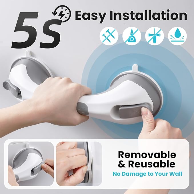 TAILI Shower Grab Bar Glow in The Dark, 12.2 in Grab Bars for Bathtubs and Showers, Bath Handles Bath Rails for Seniors and Elderly,Bathroom Safety Grip Removable No Drilling Waterproof Grey,G9