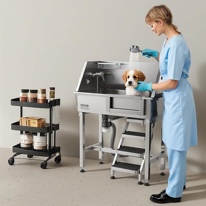 VEVOR Dog Washing Station, 34" Professional Stainless Steel Pet Grooming Tub Bathtub with Shower Faucet Soap Holder Non-Slip Stairs Right Door Easy Clean Pet Wash Sink for Small Dogs Cats