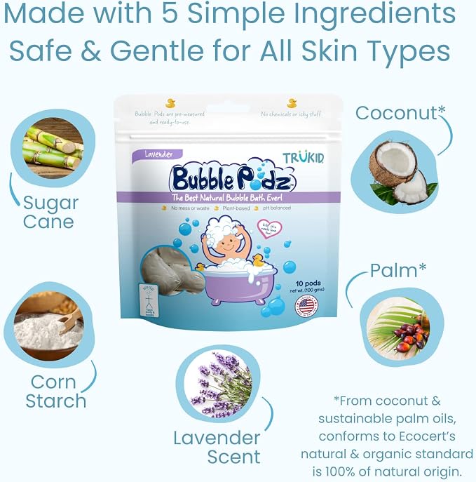 TruKid Bubble Podz Bubble Bath for Kids, Toddlers, & Babies, Tear Free Gentle & Refreshing Bath Bomb for Sensitive Skin with Natural Moisturizers, Non-Toxic, pH Balanced, Lavender Scent (60 Podz)