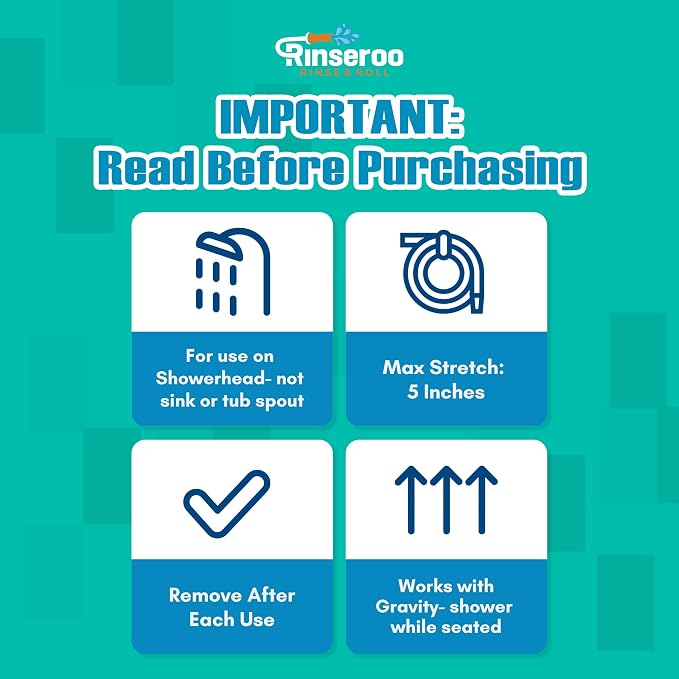 Rinseroo: Slip-On Handheld Shower Attachment Hose w/Spray Head-for Seated Bathing. Converts Fixed Shower Head into Handheld Bather. Portable, No-Install Shower Hose Wand for Seniors, RV. Gravity fed.