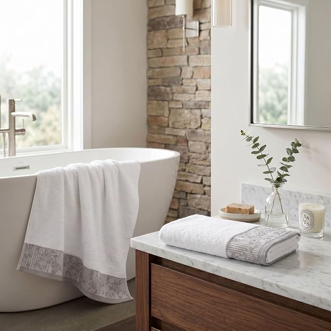 Superior Floral Jaquard Cotton Bath Towels, 2pc Body Towel Set, White | Soft Absorbent Quick Dry Terry Weave, Machine Washable Breathable Premium Hotel Quality, Wisteria Towels, Large 2 Bath Towel