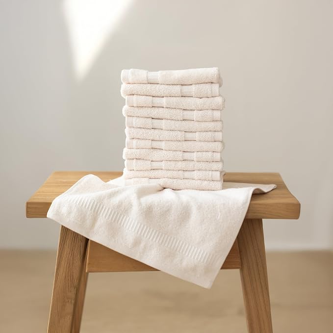 SALBAKOS 100% Turkish Cotton Washcloth Set of 12 13x13 inch | Heirloom Quality | Hotel & Spa Collection | Ultra Soft, Super Absorbent, Washcloth Towels | Made in Turkey (Ivory, 12 Washcloths)