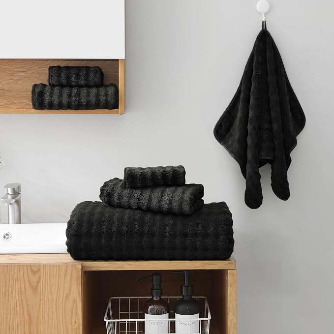 KBY Bath Towels Set 6 Piece 40x80 Inches，2 Extra Large Bath Sheets 2 Hand Towels 2 Washcloths，Highly Absorbent Quick Dry Microfiber,Ultra Soft Towel Set for Bathroom，Spa，Gym， Hotel (Black)