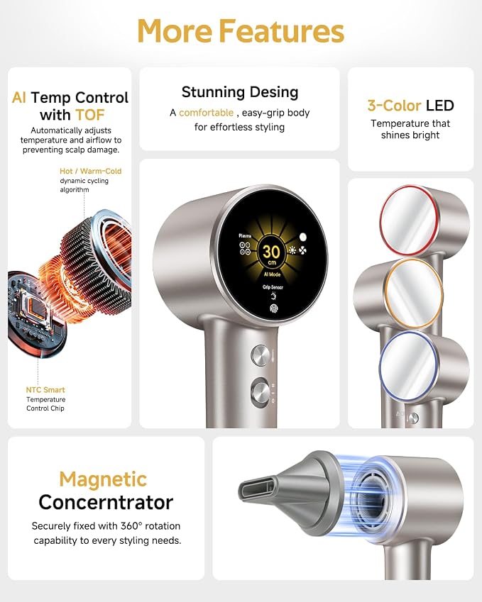 Fast Drying Ionic Hair Dryer Portable Blow Dryer for Travel, Space Titanium | 1 Billion Plasma, 7 Intelligent Modes, TOF Infrared Temp Control, 160,000 RPM High Speed, Lightweight Hairdryer for Women Men