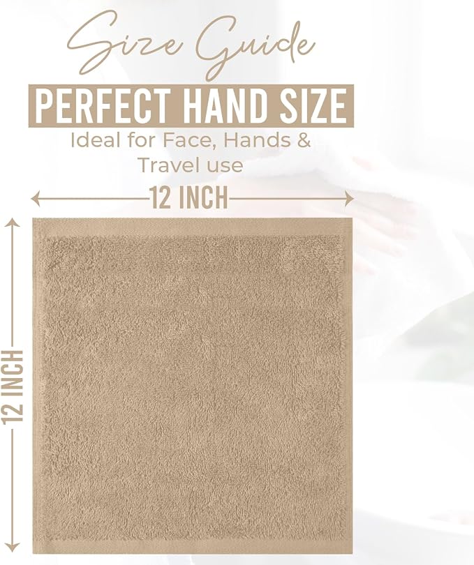 DAN RIVER 12 Pack Wash Cloths for Showering [12x12] - 100% Cotton Washcloths Premium Quality Flannel Face Cloths for Bathroom, Highly Absorbent and Soft Feel Wash Clothes, Tan