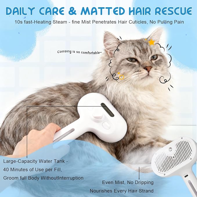 Fresh Fur Shower Brush,3 in 1 Pet Steam Brush,Spray Hair Removal Comb for Cats ＆ Dogs - Deshedding＆ Grooming (White)
